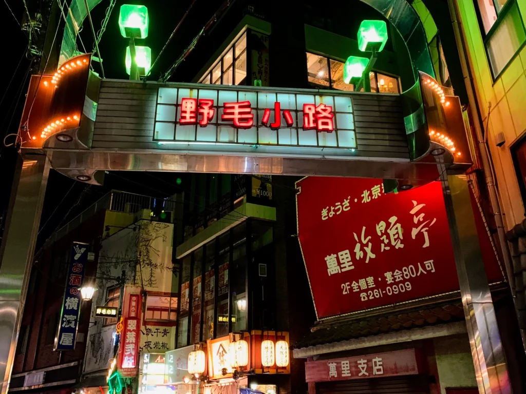 Neon-lit streets of Noge nightlife district in Yokohama